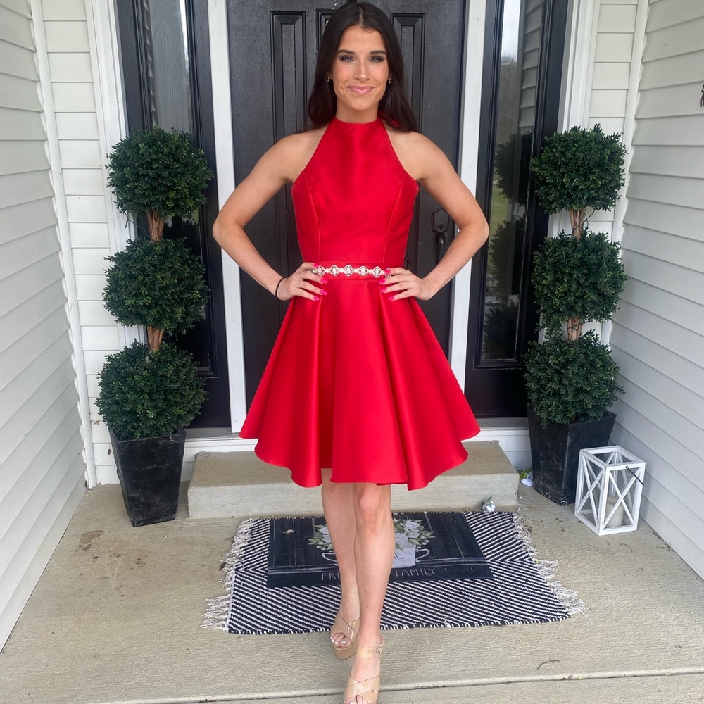 SALE!!!Sherri Hill Red Cocktail Dress w/Halter Top & Rhinestones